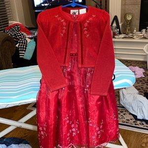 Girls red embroidery flowers sleeveless dress & matching frilly trim sweater 4